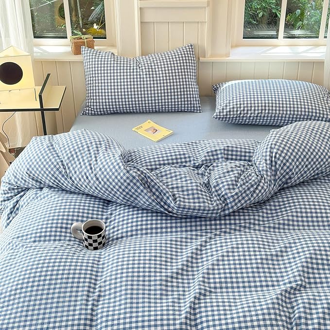 LifeTB Blue Gingham Comforter Set King 3 Pieces Modern Plaid Checkered Pattern Comforter Gingham Bedding Set Fluffy Soft Grid Plaid Bedding Comforter Farmhouse Checkered Comforter Set King Size