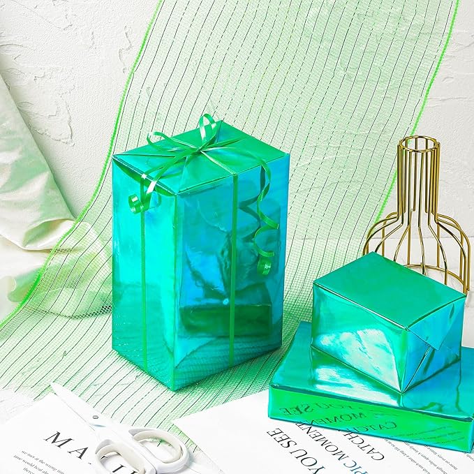 LeZakaa Green Wrapping Paper Roll - Holographic Iridescent Wrapping Paper for Birthday, Valentine's, Mother's Day, Holiday - 17 inches x 32.8 Feet (47.23 sq.ft.)