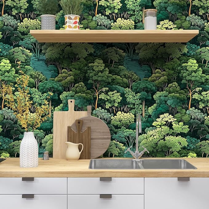 Green Wallpaper Peel and Stick, Forest Trees Contact Paper 17.5" x 393.7", Woodland Mountain Vintage Botanical Wall Paper Self Adhesive Waterproof Removable for Room Shelves Cabinet Drawer Table Decor