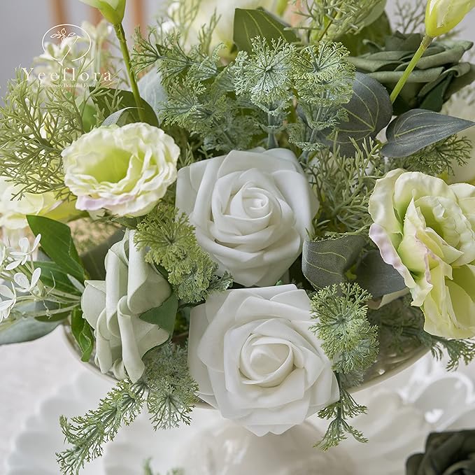 Artificial Flowers, 25pcs Artificial Rose for DIY Wedding Bouquets Centerpieces Arrangements, Sage Green and White Foam Flowers with Stem for Bridal Shower Party Home Decorations