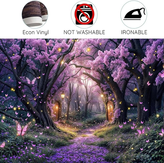 12X10ft Enchanted Forest Backdrop Fairy Tale Purple Wonderland Garden Tree House Floral Butterfly Photography Background for Kids Girl Baby Shower Birthday Party Decoration Banner Booth Props