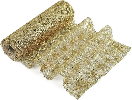 MEEDEE Gold Glitter Mesh Star Web Ribbon 10 Inch Wide by 10 Yards Roll Gold Mesh Fabric Ribbons Decorative Mesh Ribbon for Christmas Tree, Garland, Holiday Crafts, Wreaths, Bows, Home Decor