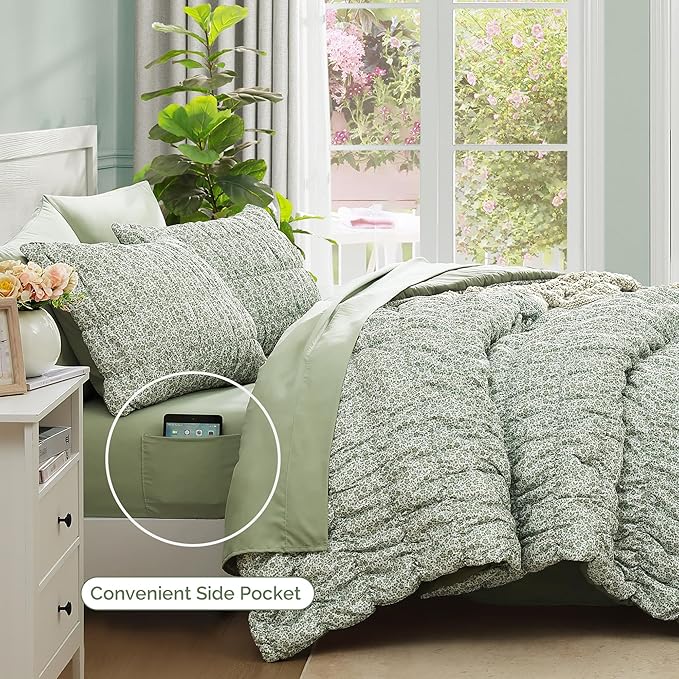 Queen Comforter Set-7 Pieces Sage Green Classic Puff Floral Bedding Sets for All Seasons,Shabby Chic Farmhouse Bed in a Bag Queen with Wildflowers Comforter,Sheets, Pillowcases & Shams