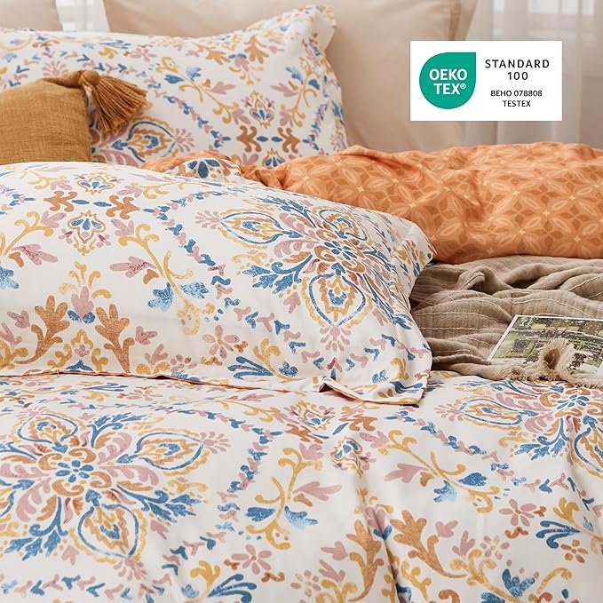 Bedsure Duvet Cover Queen Size - Reversible Floral Duvet Cover Set with Zipper Closure, 3 Pieces Bohemian Orange Bedding Set with 8 Corner Ties and 2 Pillow Shams 20"x26"