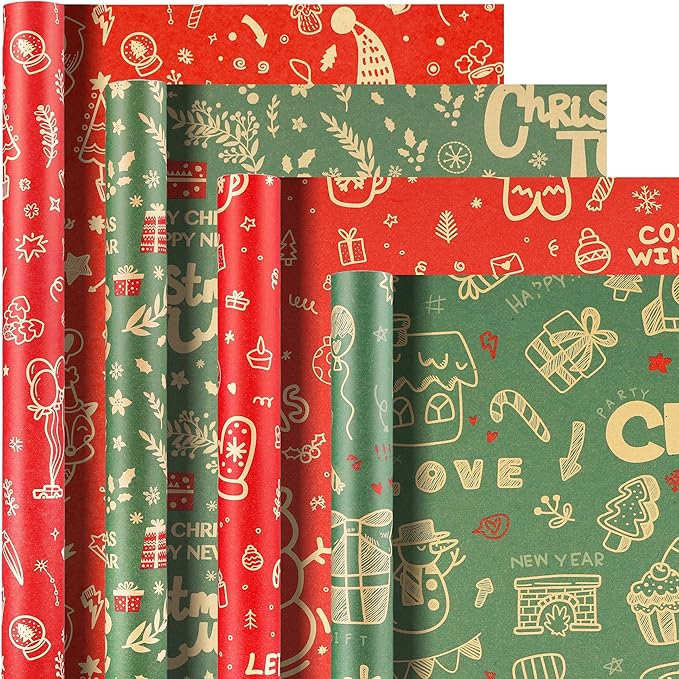 Anvure Christmas Wrapping Paper (4 Rolls: 93 sq. ft. ttl.) Kraft Set Featuring Santa Claus, Snowman & Xmas Presents, Red & Green Holiday Designs for All Gift Wrap Needs 17 Inch X 16.4 Feet Per Roll
