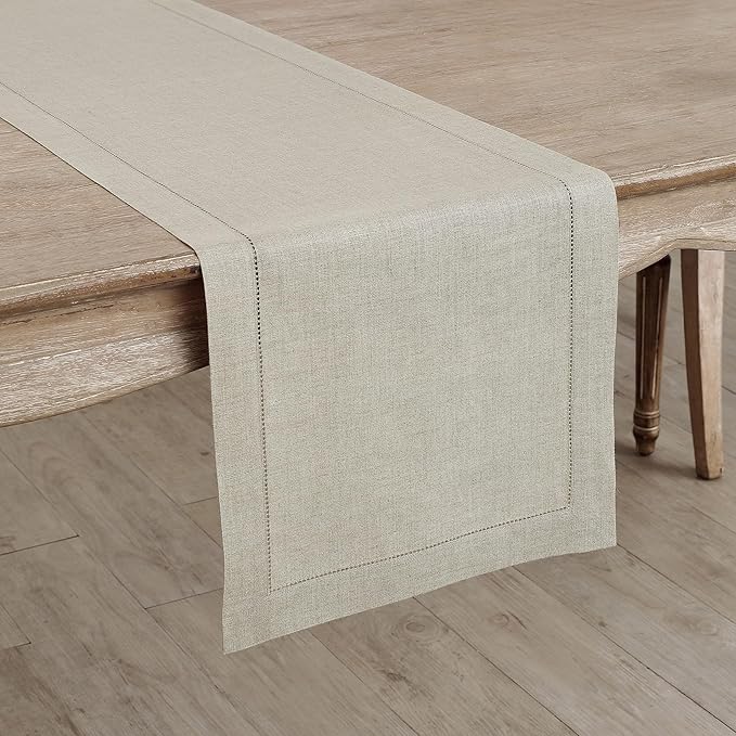 Solino Home Linen Natural Table Runner 120 Inches Long - 100% Pure Linen Hemstitch 14 x 120 Inch Table Runner for Dining, Spring, Easter - Classic Hemstitch