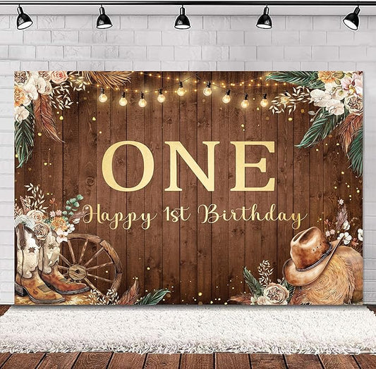 SVBright Western Cowgirl First Birthday Backdrop 5Wx3H One Year Old West Rustic Pampas Grass Country Wooden Flower Retro Boots Hat Decorations Photography Background Banner Photo Booth Studio