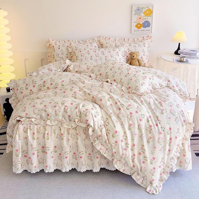 EAVD French Garden Pink Flower Duvet Cover Twin with Ruffles Soft Cotton Shabby Chic Cute Flower Bedding Set for Girls Boys with 2 Pillowcases Aesthetic Botanical Duvet Cover with Zipper Closure