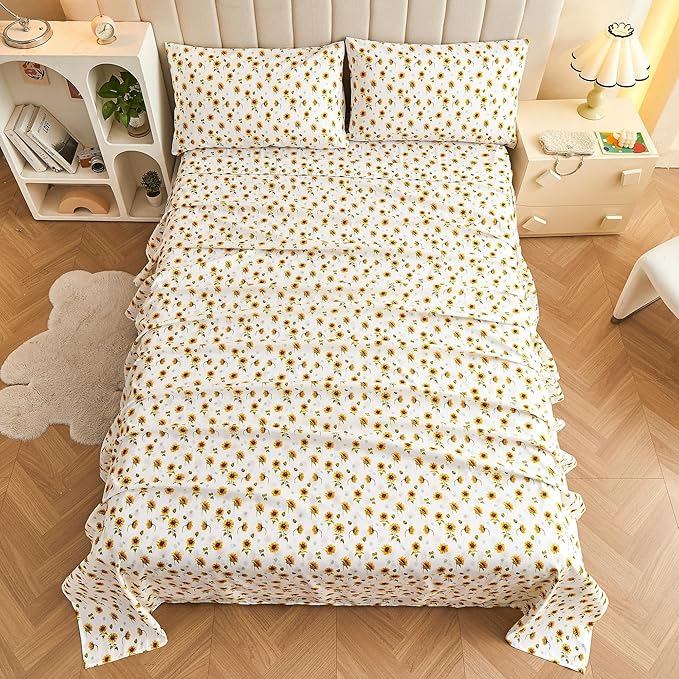 Softan Floral Sheet Set Queen, Sunflower Printed Bed Sheets Queen, Cozy Double Brushed Microfiber Fitted Sheet with 15" Deep Pocket and Corner Straps, Cute Yellow Flower Sheet & Pillowcase Sets