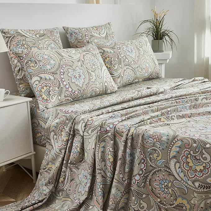 FADFAY Paisley Sheets Set Twin XL Boho Paisley College Bedding Luxurious Bohemian Damask Dorm Bedding 100% Egyptian Cotton 800 Thread Count Deep Pocket Fitted Sheet 4Pcs, Twin XL Size