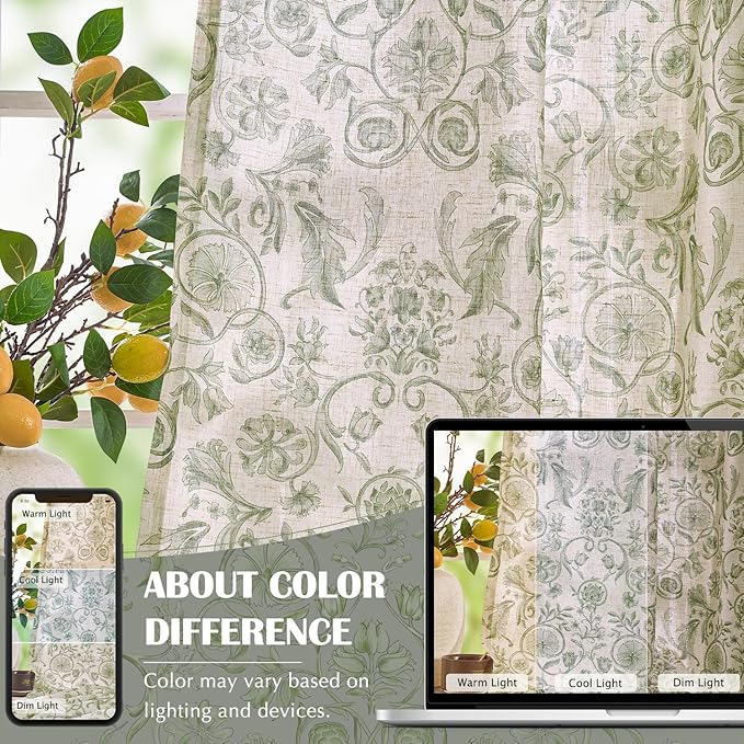 jinchan Linen Floral Curtains for Living Room with Printed Flower 84 Inches Long Light Filtering Farmhouse Window Treatment Vintage Drapes Back Tab Rod Pocket 2 Panels Green on Beige