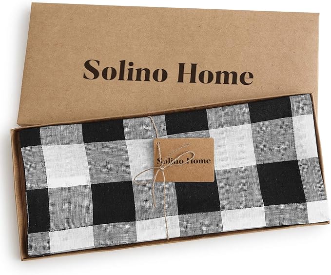 Solino Home Linen Checkered Table Runner 120 Inches Long - 100% Pure Linen Black and White Buffalo Check Table Runner 14 x 120 Inch Ideal for Dining