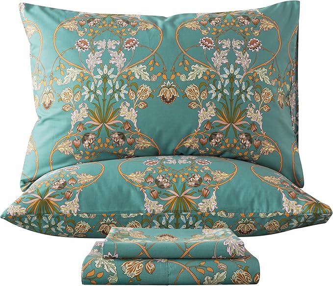 Zusbest Floral Sheets King Bed Sheets Set Boho 100% Cotton Percale Shabby Vintage Teal Blue Orange American Style Bedding Luxury Soft Breathable Crisp Bed Deep Pocket Fitted Sheet 4 Piece