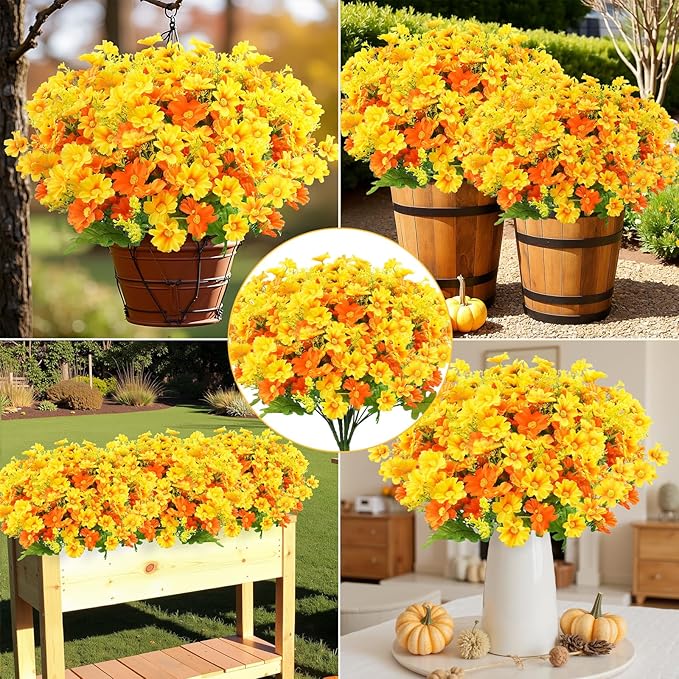 Uieke 24 Bundles Artificial Fall Flowers for Outdoors Fake Daisy Mums Flowers UV Resistant Autumn Flowers No Fade Indoor Outside Home Wedding Garden Porch Fall Décor (Orange Yellow)