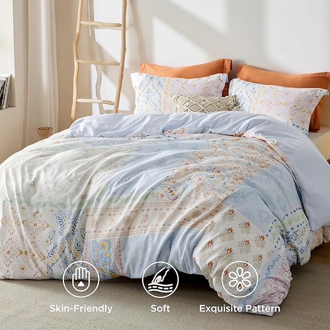 Bedsure Duvet Cover Queen Size - Reversible Vintage Floral Duvet Cover Set with Zipper Closure, 3 Pieces Winter Sky Bedding Set with 8 Corner Ties and 2 Pillow Shams 20"x26"