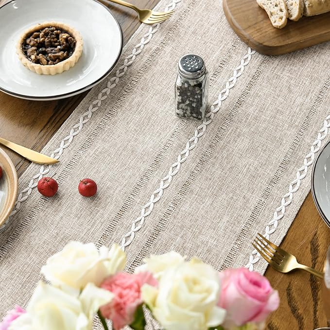 Artoid Mode Brown Rustic Cotton Linen Table Runner, Seasonal Embroidered Hollow Kitchen Dining Table Decoration for Home Party Decor 13x72 Inch