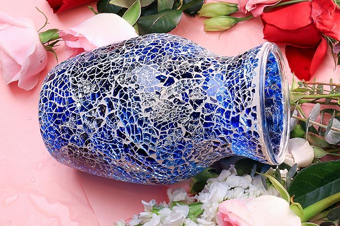 8" H Blue Mosaic Vase.Exquisite Craftsmanship.Decor Home Modern Midsize All Handmade Mosaic Vases .Beautiful Hand-Set Cracked Glass Vase for Home&Office Decor.Unique Gift