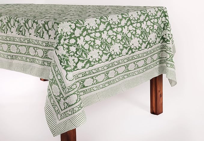 ATOSII Meraki Green 100% Cotton Rectangle Tablecloth, Hand Block Print Washable Table Cover, Dining, Christmas Parties, Outdoors, Weddings, Thanksgiving, Halloween Fall Decor 60 X 108 Inches, 8 Seater