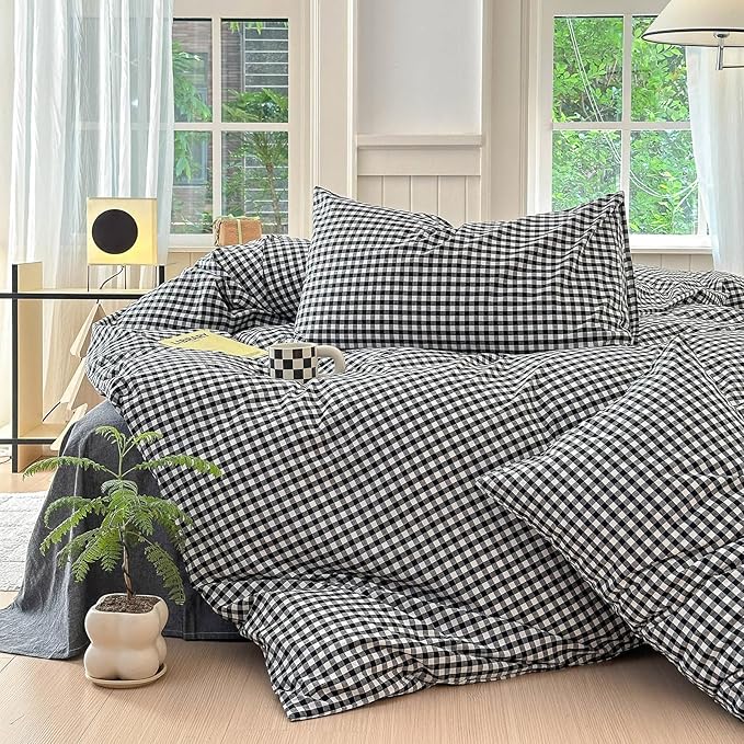 LifeTB Twin XL Comforter Set Black Gingham Comforter for Men Boys Geometric Plaid Comforter Set Grid Checkered Pattern Comforter with 2 Pillowcases Fluffy Soft Plaid Gingham Bedding Set Twin XL