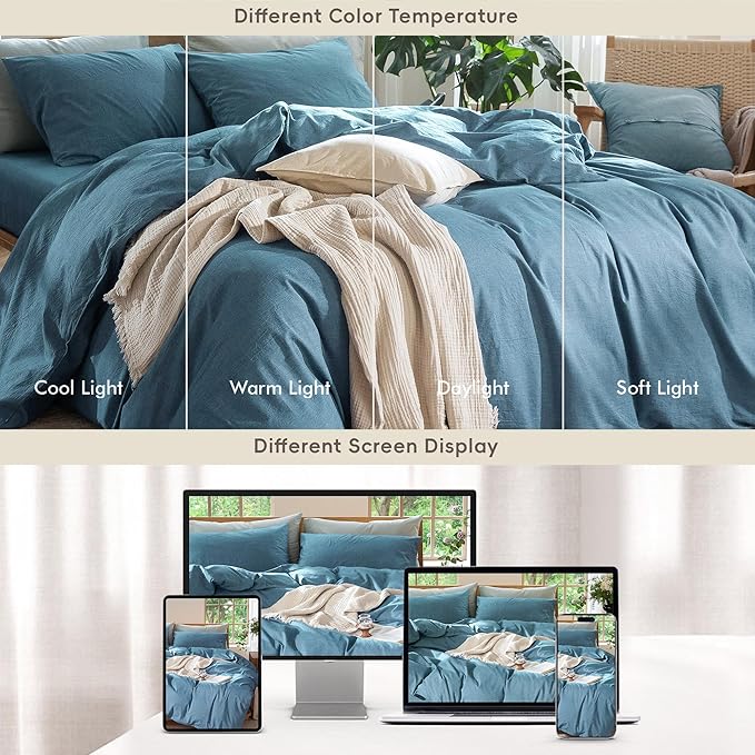 MooMee Bedding Duvet Cover Set 100% Washed Cotton Linen Like Textured Breathable Durable Soft Comfy (Heathered Peacock Blue, Palatial King/Oversized King 120"x98")