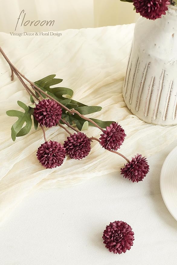 Floroom 6pcs Burgundy Faux Silk Mums Artificial Flowers, Bulk Fake Small Mini Chrysanthemums with Stems for DIY Wedding Centerpieces Floral Arrangements Vase Fillers Home Decorations