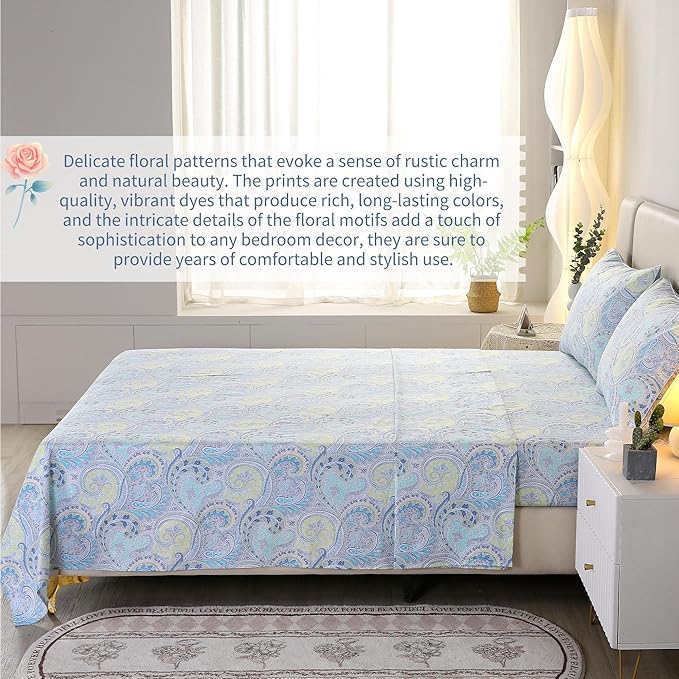 RYNGHIPY Cotton Sheets Floral Print Full Size Sheet Sets Flower Botanical Pattern Egyptian Cotton Bed Sheets Soft and Breathable Deep Pockets (Blue,Full Size)