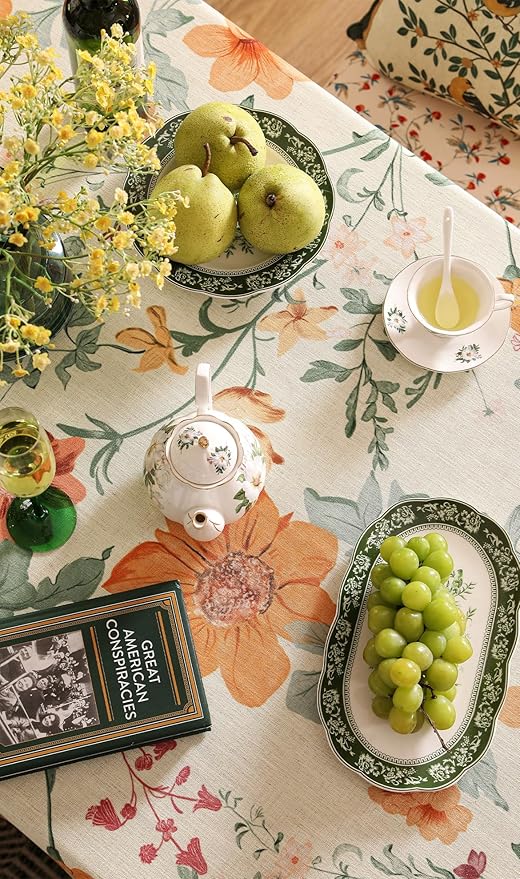 French Long Tablecloth for Rectangle Table,Linen Orange Floral Wrinkle Resistant Tablecloths,Decorative Table Cover for Kitchen,Dining,Tea Party,Thanksgiving,Christmas,63"*94"-Milch