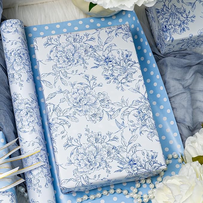 Burymento Blue and White Porcelain Flower Wrapping Paper, Reversible Blue Dot Design Gift Wrap for Baby Shower, Birthday, Valentines, Mothers day, Graduation, Wedding, Fathers day, Christmas (17 Inch X 32.8 Feet)