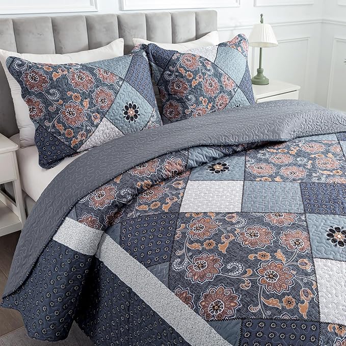Travan 3-Piece King Bedspread Quilt Set Lightweight Coverlet Set Garden Style Floral Printed Oversized Quilted Bedding Set with Shams for All Season, Exquisite, King Size