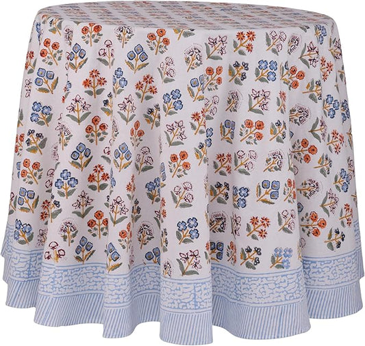 ATOSII Flora Bloom 100% Cotton Fall Round Tablecloth, Handblock Print Floral Table Cloth for Kitchen Dining Linen I Thanksgiving, Christmas, Weddings, Outdoors, Parties I 72" Inches Diameter