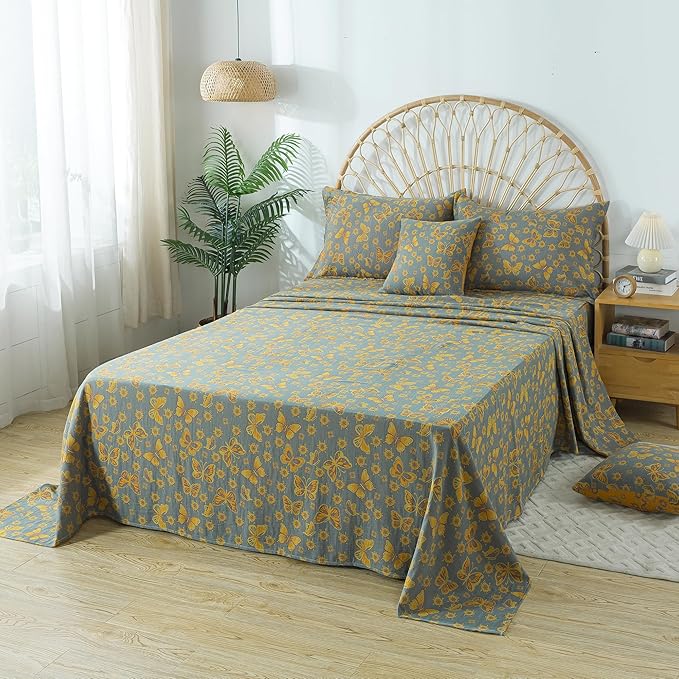 FADFAY Butterfly Sheets Set Queen Vintage Yellow Grey Floral Bedding Shabby Farmhouse Bedding Super Soft Washed Double -Layer Muslin Sheets 100% Cotton Deep Pocket Fitted Sheet 4Pcs, Queen Size
