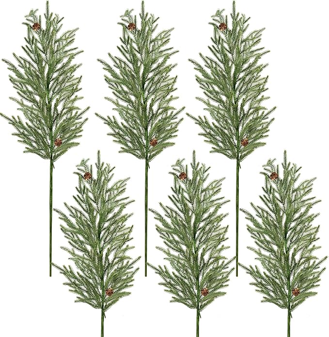 DN DECONATION Artificial Christmas Norfolk Pine Stems, Faux Pine Branches with Cones 35.4" 6PCS - Greenery Fake Pine Needles for Vase Arrangements, Winter, Holiday Indoor Outdoor Home Decor