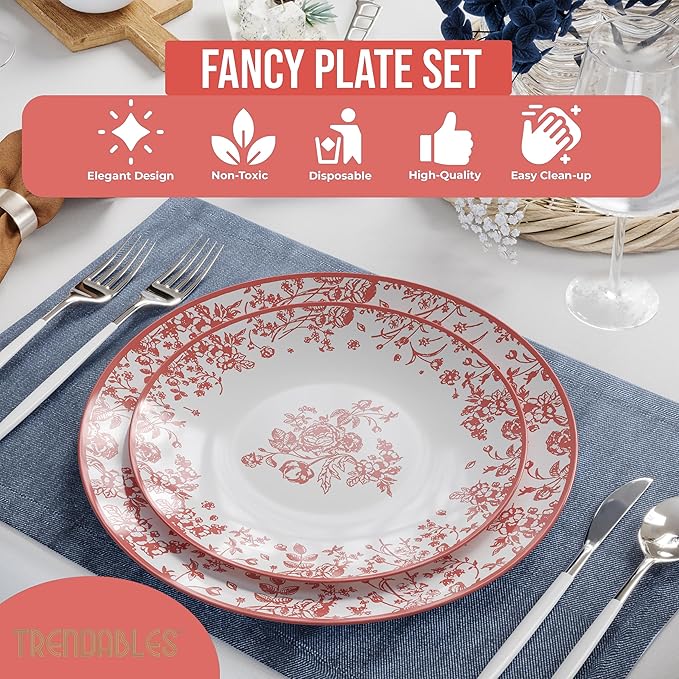Trendables Plastic Plates For Party Supplies, Floral Disposable Plates For Party & Weddings 200 Pcs - 100 x 8 Dessert Plates & 100 x 10 Plastic Dinner Plates, Plate Set Disposable Dinnerware Sets