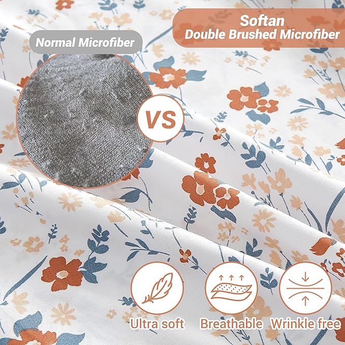 Softan Orange Flower Sheets for King Size Bed Floral Bed Sheets King Printed Sheets - 4 Piece Soft Microfiber Patterned Fitted Sheets King with 15" Deep Pocket