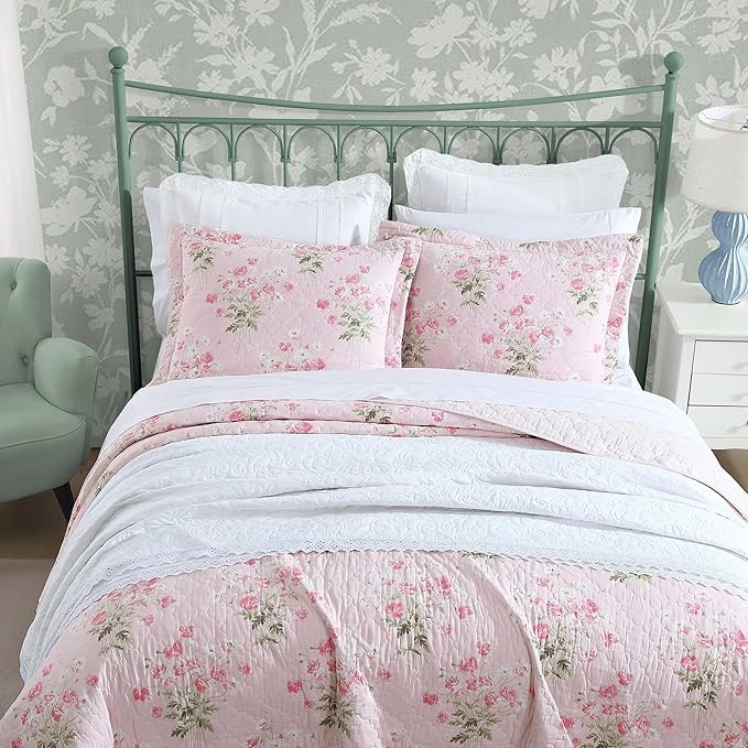 Laura Ashley - Twin Quilt Set, Reversible Cotton Bedding with Matching Sham, Medium-Weight for Year Round Use, Dorm Essentials, Coquette Room Decor (Veronicas Bouquet Pink)