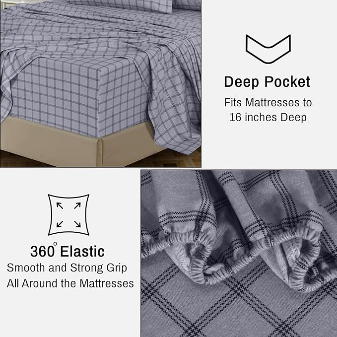 RUVANTI Flannel Sheets Queen Size - 100% Cotton Double Brushed Bed Sheets, Deep Pockets 16 Inches Queen Sheet Set, All Seasons Breathable & Extra Soft - Warm & Cozy, 4 Piece, Open Grid Check