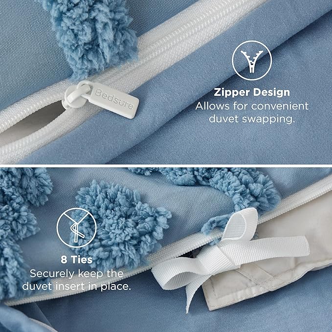 Bedsure Boho Duvet Cover King - Dusty Blue Tufted Boho Bedding, Farmhouse Shabby Chic Embroidery Bedding for All Seasons, 3 Pieces, 1 Soft Jacquard King Comforter Cover and 2 Pillow Shams