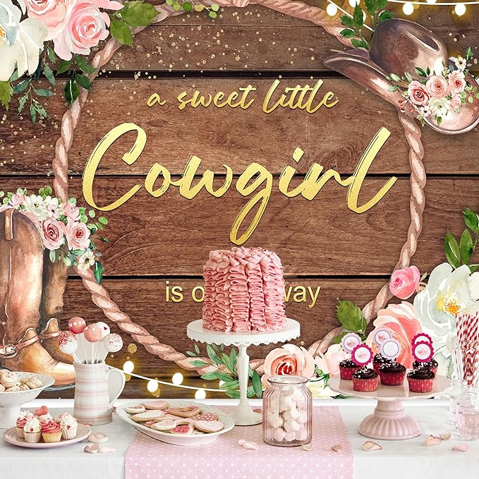 SVBright Western Cowgirl Baby Shower Backdrop 7Wx5H Rustic Country Rural Wood Board Plank Pink Floral Retro Bohemian Hat Plant Botanical Decorations Photography Background Banner Photo Booth Studio
