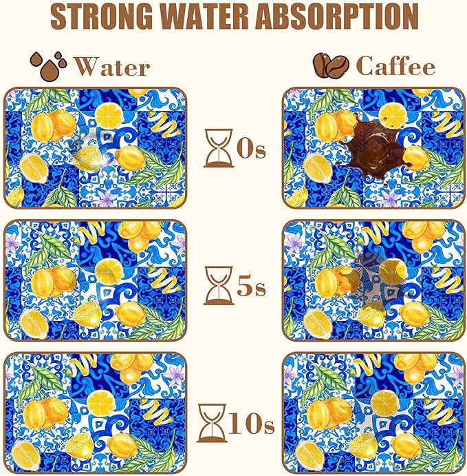 Lemon and Blue Tile Dish Drying Mat for Kitchen Counter Coffee Bar Mat Hide Stain Absorbent Rubber Backed Drying Rack Pad Espresso Machine Coffee Bar Accessories 11.8 x 19.7 Inch