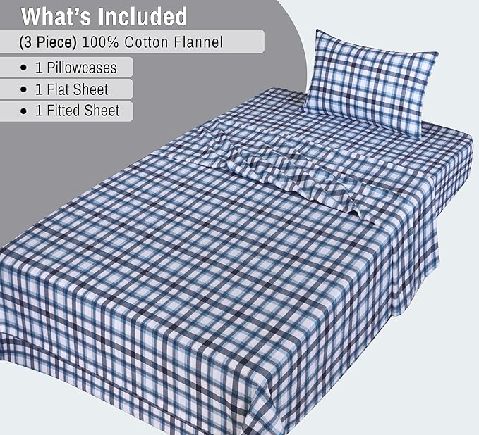 RUVANTI Flannel Sheets Twin Size - 100% Cotton Double Brushed Twin Sheets Set, Deep Pockets 16 Inches, All Seasons Breathable & Extra Soft Bed Sheets, Warm & Cozy, 3 Piece, Gingham Addition