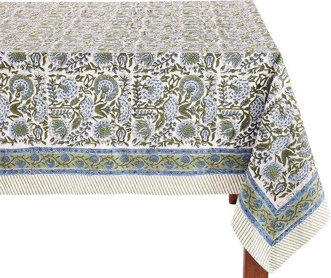 ATOSII Clover Blue 100% Cotton Rectangle Spring Tablecloth, Handblock Floral Linen Table Cloth for Dining Table I Parties Outdoors Fall Christmas Thanksgiving Holidays Decor 72 X 140 Inches, 12 Seater