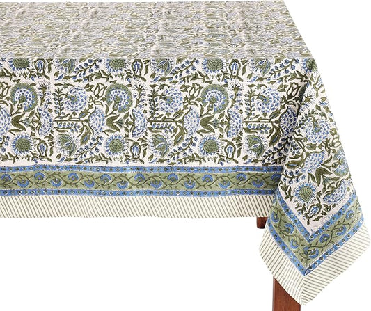 ATOSII Clover Blue 100% Cotton Rectangle Spring Tablecloth, Handblock Floral Linen Table Cloth for Dining Table I Parties Outdoors Fall Christmas Thanksgiving Holidays Decor 72 X 140 Inches, 12 Seater