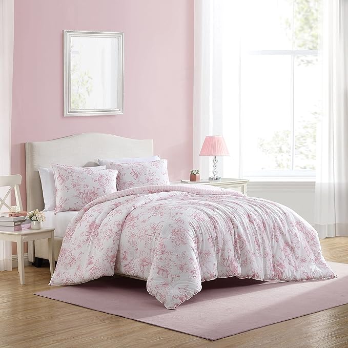 Laura Ashley - Twin XL Comforter Set, Reversible Cotton Bedding with Matching Sham, Medium Weight for Year Round Use, Oeko-Tex Certified, Dorm Essentials, Coquette Room Decor (Delphine Mauve Pink)
