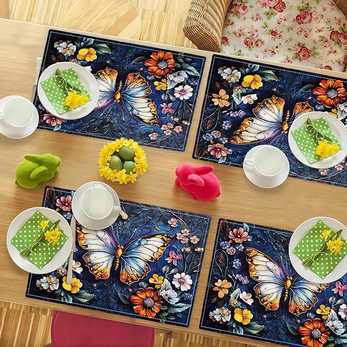 Colorful Butterfly Placemats Set of 4, Spring Place Mats, Florals Dining Table Mats, Rustic Washable Placemats for Kitchen Dining Room Home Decor 18L'' × 12W''