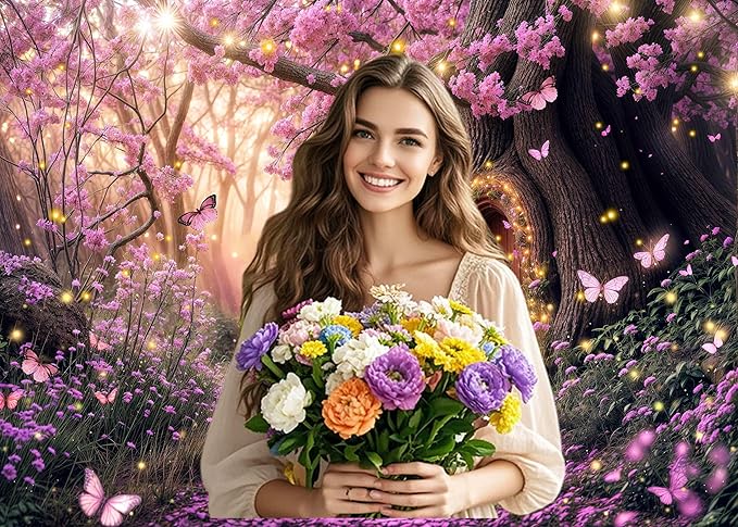 7X5ft Enchanted Forest Backdrop Fairy Tale Purple Garden Wonderland Tree House Floral Background for Kids Girl Baby Shower Birthday Party Decoration Banner Cake Table Photo Booth Props