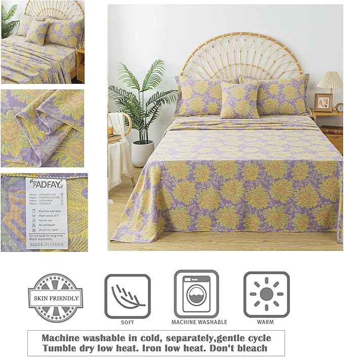FADFAY Sunflower Sheets Set Queen Vintage Yellow Purple Floral Bedding Shabby Farmhouse Bedding Super Soft Washed Double -Layer Muslin Sheets 100% Cotton Deep Pocket Fitted Sheet 4Pcs, Queen Size