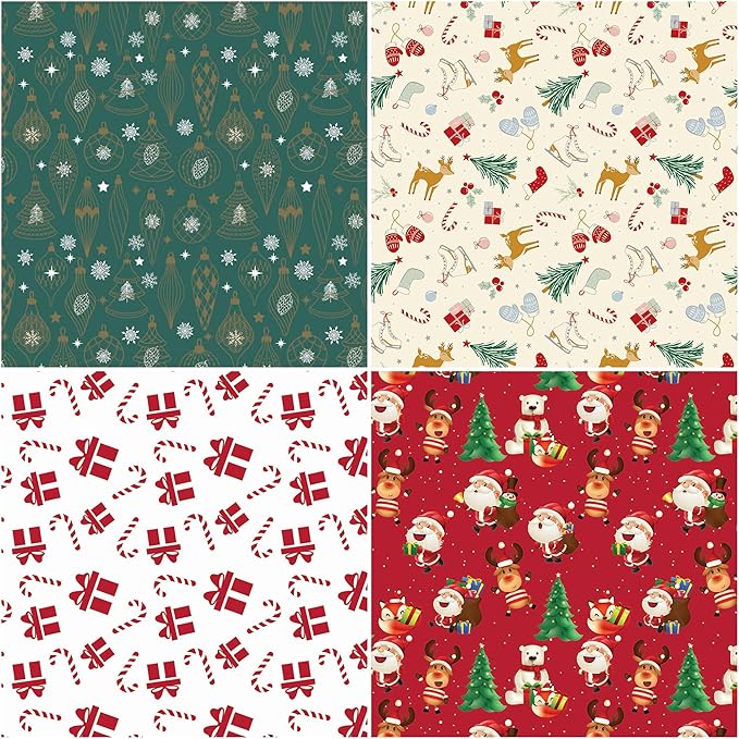 4 Rolls Christmas Wrapping Paper, 17 Inch x 16.5 Feet per Roll, Totaling 94 sq. ft. – Teal Ornaments, Cream Reindeer Mittens & Skates, Red Santa with Trees, White Gifts & Candy Canes – Eco-Friendly Durable Coated Paper Gift Wrap
