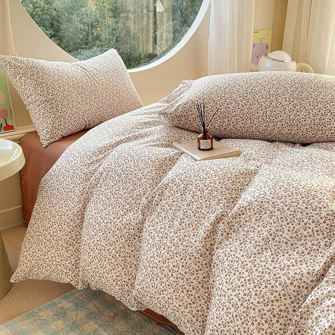 LifeTB Muslin Cotton Duvet Cover Set Full Size Vintage Floral Duvet Cover Ultra Soft Breathable Comforter Cover Chic Flower Bedding Set Linen Feel Textured Gauze Comforter Cover with Zipper Closure