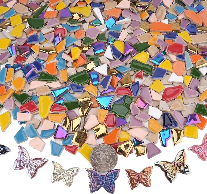 Irregular & Butterfly Mosaic Tiles for Crafts – 1.5 lb Bulk Pack (580g Irregular Tiles + 100g Butterfly Pieces), Assorted Colors, Shapes & Sizes for DIY Art & Home Decor