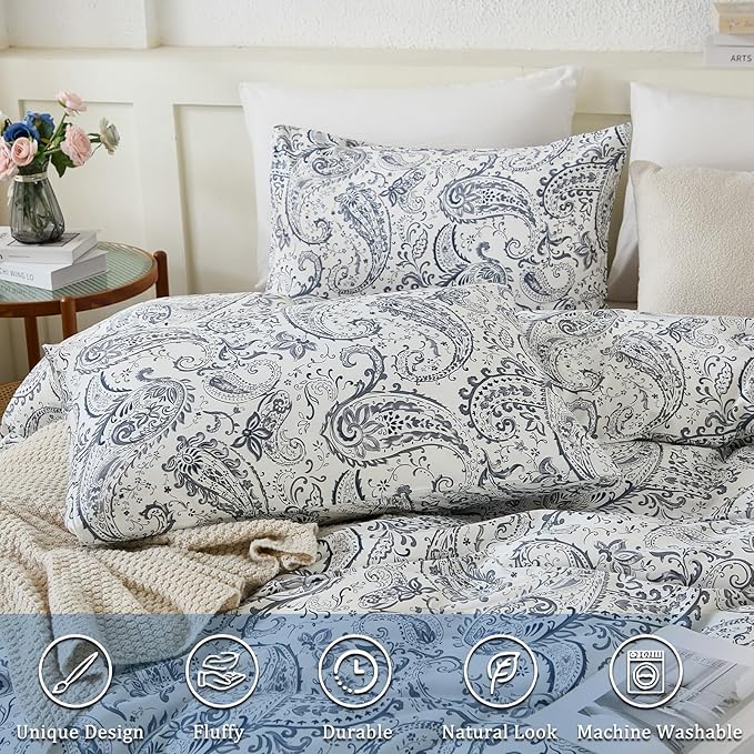 100% Cotton Duvet Cover Sets King Size, 3 Pieces Reversible Soft Bedding Sets,Blue Floral Paisley Comforter Cover, Breathable, Lightweight, All Season